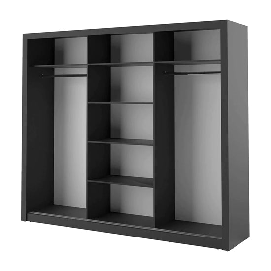 3 door matt black sliding wardrobe with full-length mirror and internal shelves.