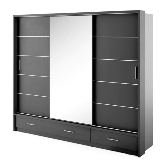 CHOICEWARDROBE 3 door sliding wardrobe, matt black finish, centre mirror, with bottom drawers and silver handles.