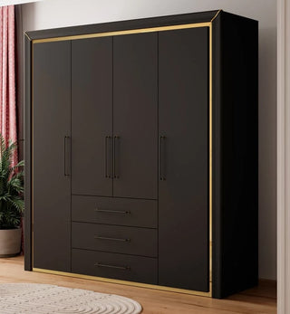 ChoiceWardrobe Allen Black 4 Door Wardrobe with Gold Trim styled in luxury modern bedroom interior