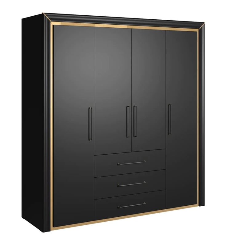Black 4-door wardrobe with gold trim, matte finish, and metal handles, featuring three built-in drawers.