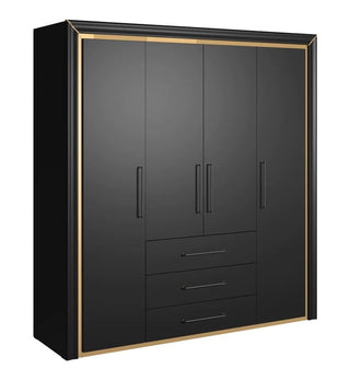 Front view of ChoiceWardrobe Allen Black 4 Door Wardrobe featuring gold trim, matte finish, and metal handles