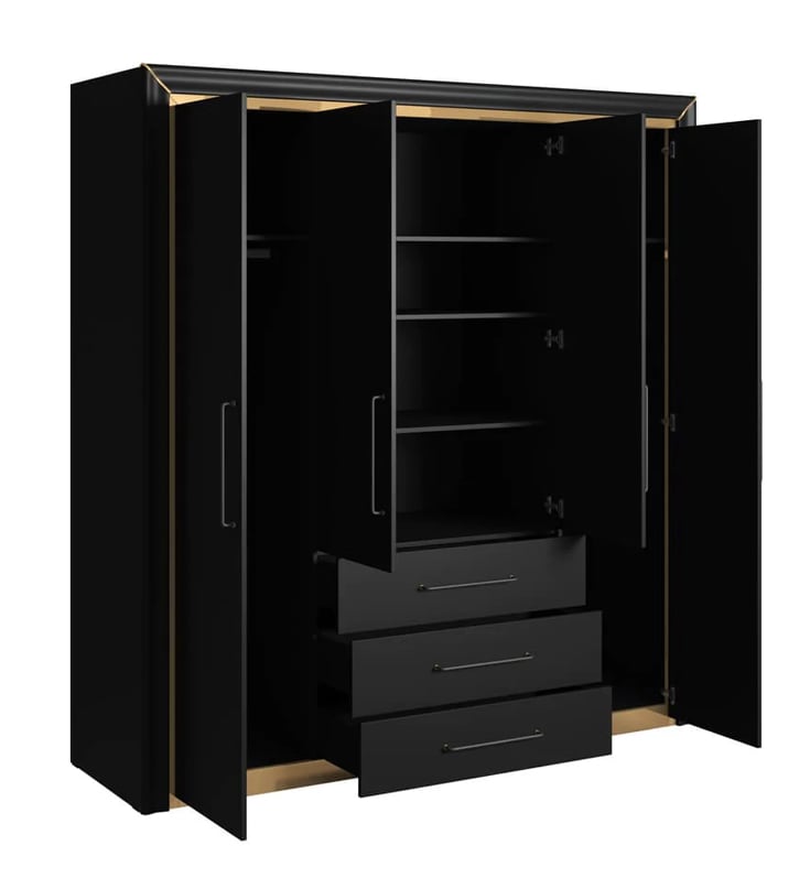 Black 4-door wardrobe with gold trim, open showing shelves, hanging rails and three drawers.