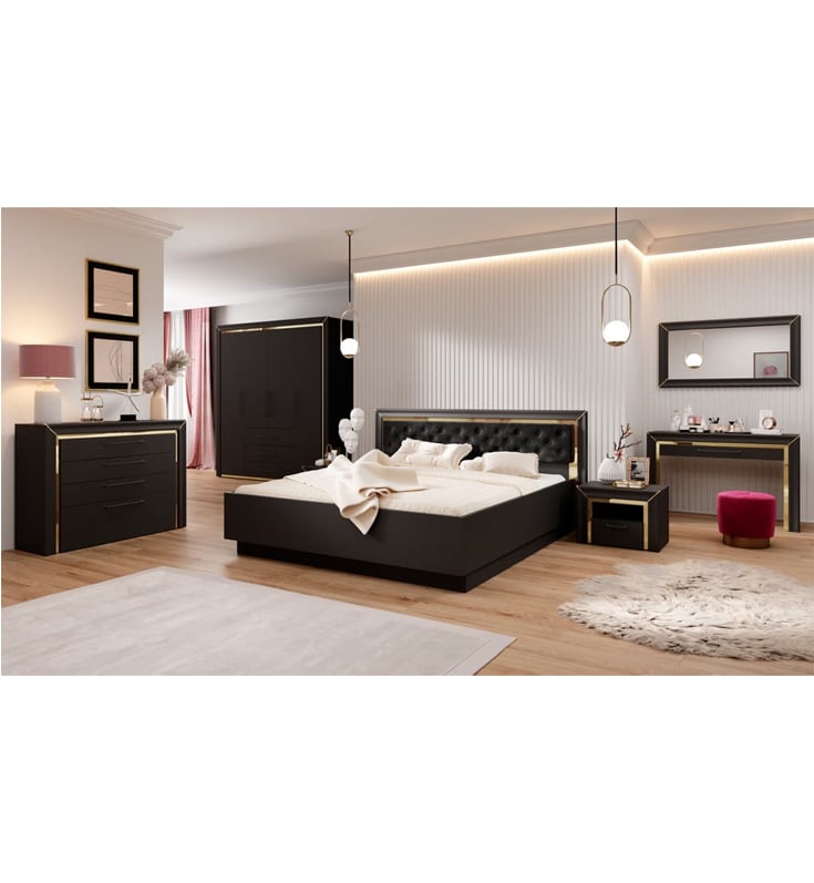 Allen black 4-door wardrobe with gold trim and 3 visible drawers, displayed with matching furniture in a luxury bedroom setting.