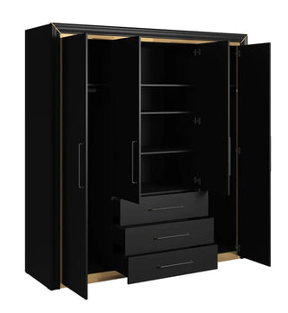 Interior of ChoiceWardrobe Allen Black Gold Trim Wardrobe showing shelving, hanging rails, and built-in drawers