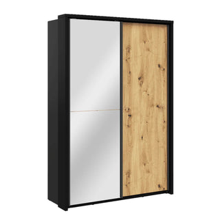 Side-angle view of the ChoiceWardrobe Allen Sliding Wardrobe featuring black frame, oak doors, and full-length mirror panel