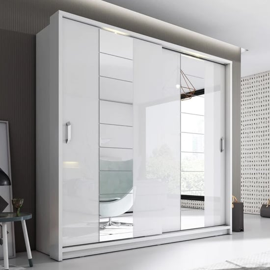 CHOICEWARDROBE Allen 220cm matt white sliding wardrobe with mirrored doors and LED light.