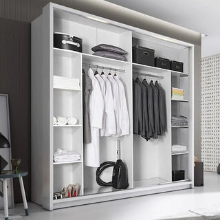 The CHOICEWARDROBE Allen Large Wardrobe features 2 sliding doors in matt white with a high-gloss finish, LED light, full-length mirror, hanging storage shelves and plenty of room for clothes, boxes and accessories.