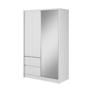 The CHOICEWARDROBE Allen Matt White 2 Door Mirrored Sliding Wardrobe (134cm) features three drawers, a large mirror on the right door, and a hanging rail—perfect for stylish modern bedroom storage.