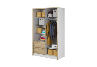 The CHOICEWARDROBE Sedona 2 Door Sliding Wardrobe (134cm, White & Oak finish) features a modern mirrored front, drawers, shelving for storage boxes or folded clothes, and a hanging rail for jackets and shirts—ideal for practical bedroom organization.