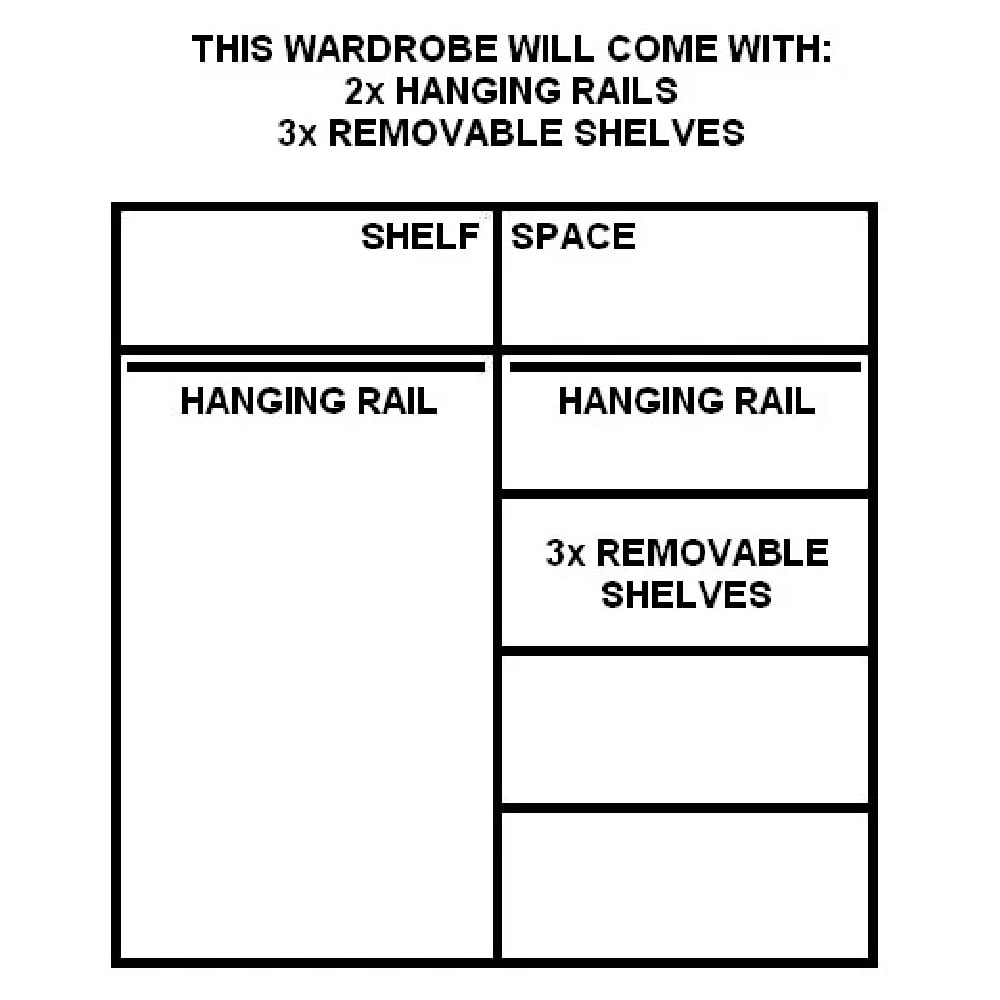 Wardrobe diagram: Allen Oak internal layout showing 2 hanging rails and 3 removable shelves.