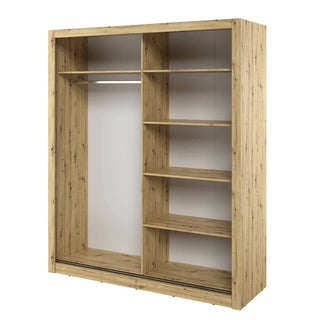 Interior of ChoiceWardrobe Allen Oak Sliding Wardrobe showing hanging rails and adjustable shelving sections