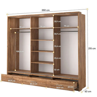 Technical dimensions of Allen 250cm oak sliding wardrobe displaying internal layout and drawer depth.