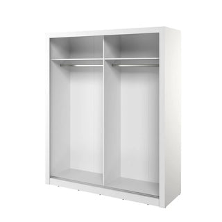 Internal layout of Allen white wardrobe showing hanging rails and shelving compartments.