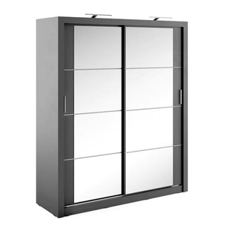 The CHOICEWARDROBE Allen Wardrobe 150cm features a modern Graphite Grey finish, 2 sliding mirrored doors with LED lighting, and adjustable shelves—a sleek bedroom storage solution.