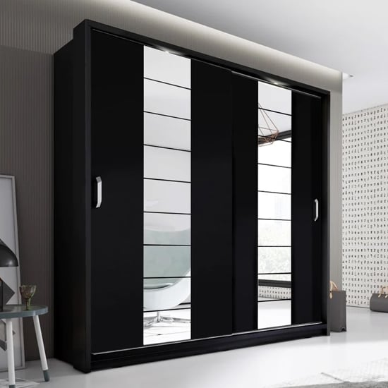 CHOICEWARDROBE Allen 220cm matt black wardrobe with 2 sliding doors featuring full mirror panels.
