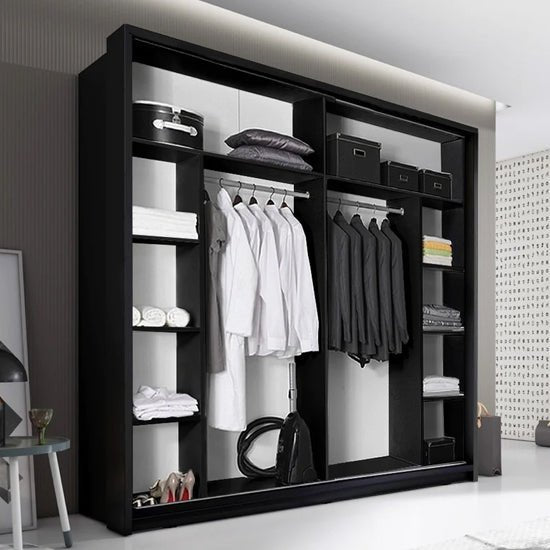 CHOICEWARDROBE Allen 220cm matt black sliding door wardrobe with internal shelves and hanging rails, and a vacuum cleaner.