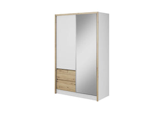 The CHOICEWARDROBE Allen White & Oak 2 Door Mirrored Sliding Wardrobe (134cm) features a large mirrored panel, two lower drawers, and a hanging rail—modern bedroom storage, shown against a plain white background.