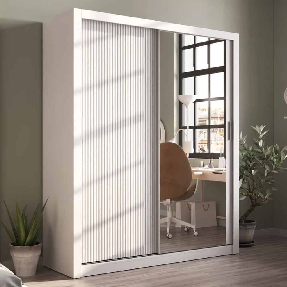 CHOICEWARDROBE Allen 160cm white gloss sliding wardrobe with ribbed and mirrored doors – modern bright design.