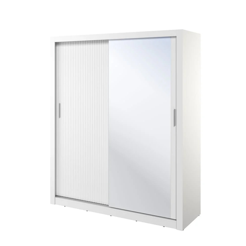 Allen white 160cm sliding wardrobe with mirrored and ribbed door panels.