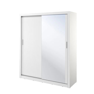 Front view of Allen white sliding wardrobe featuring sleek mirrored panel and ribbed design.