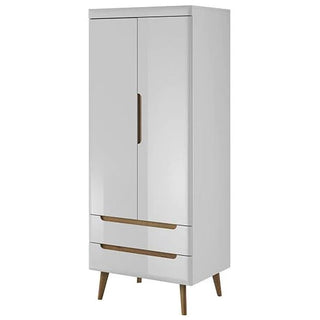 The CHOICEWARDROBE Alora 2 Door 2 Drawer High Gloss Wardrobe features a white finish, oak legs, and slim integrated handles. Its modern Scandinavian design offers clean, contemporary bedroom storage with two doors and two lower drawers.