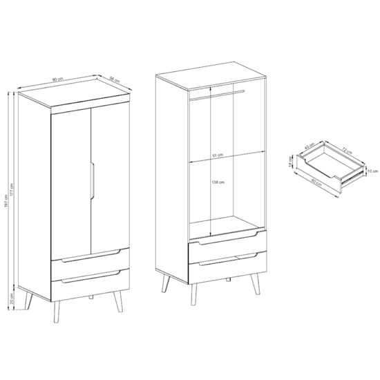 Technical drawing of CHOICEWARDROBE Alora 2-door, 2-drawer wardrobe in white high gloss with oak legs, showing dimensions.