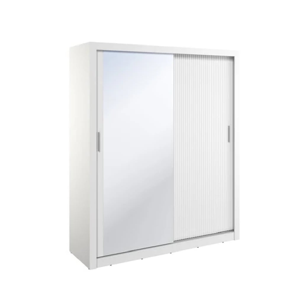 White 180cm sliding door wardrobe with one mirrored door and one ribbed effect door.