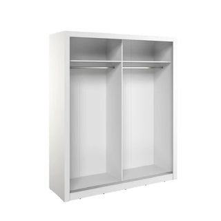 The CHOICEWARDROBE Altoona Mirrored Sliding Door Wardrobe (180cm, white finish) features ribbed detailing, a modern design, double sections with two hanging rods, open shelves, and a sleek LED look—shown empty against a plain white background.