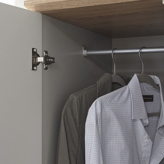 Grey Alverton 3 Door Wardrobe interior with hanging shirts and visible hinge
