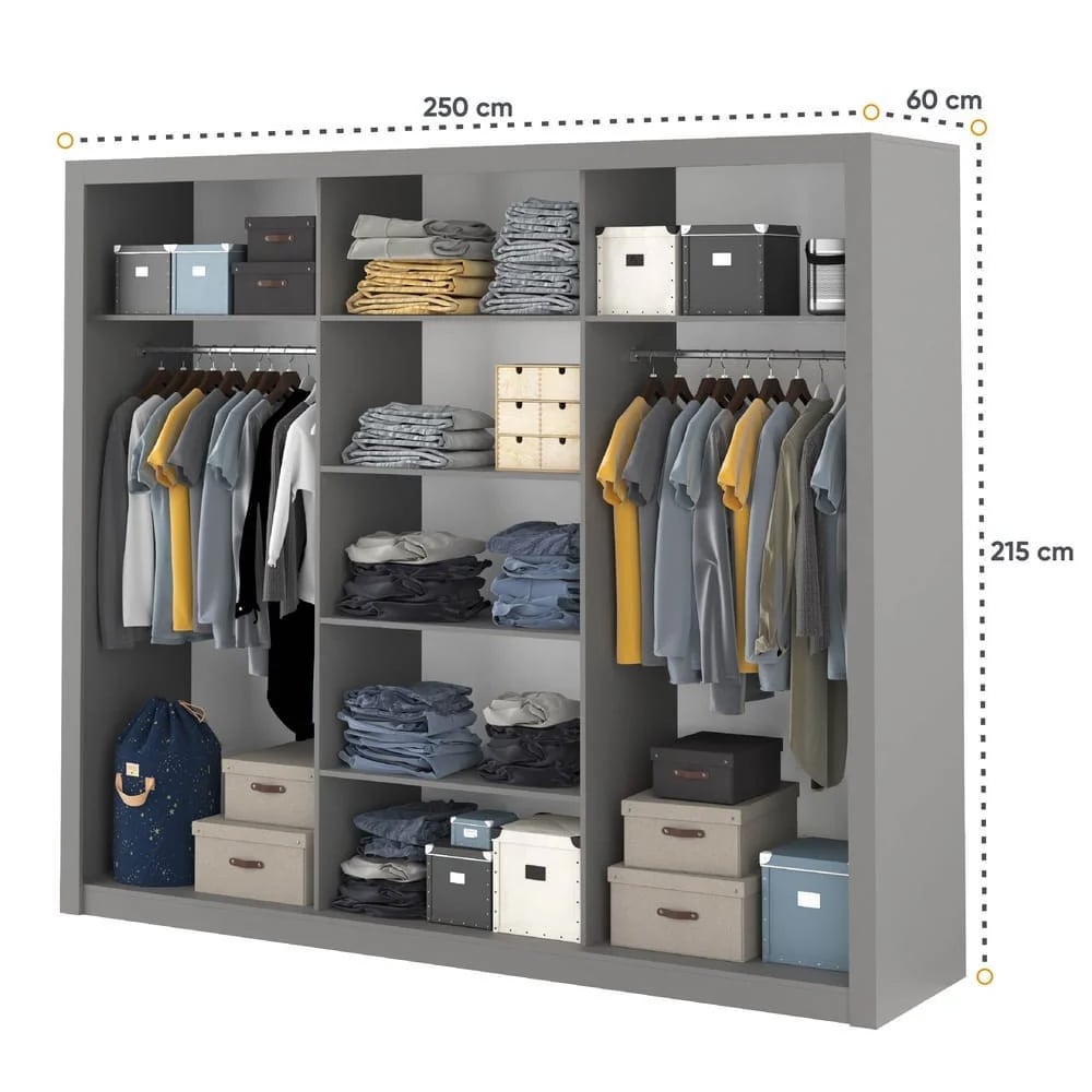 Grey 3-door wardrobe interior with shelves and hanging rails.