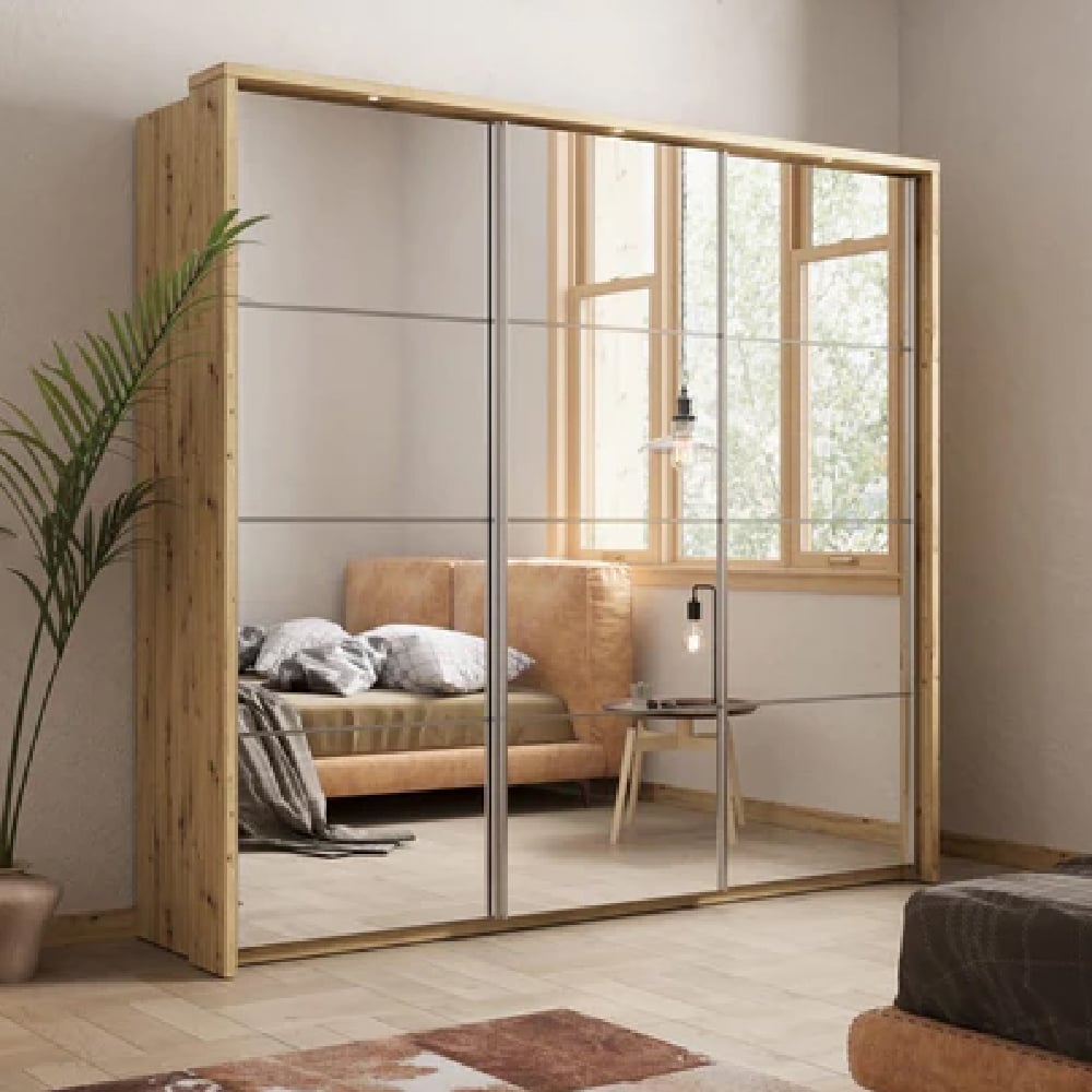 CHOICEWARDROBE Amarillo 240cm Natural Oak sliding wardrobe with 3 full mirrored doors.