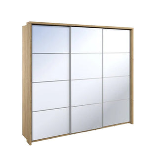 The CHOICEWARDROBE Amarillo 240cm Natural Oak Sliding Wardrobe features a Scandinavian wood finish, minimalist storage, and three full mirror sliding doors for a modern bedroom look.