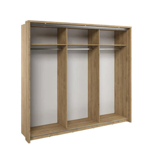 The CHOICEWARDROBE Amarillo 240cm Natural Oak Sliding Wardrobe features a Scandinavian wood finish, 3 full mirror doors, and minimalist bedroom storage, shown against a plain white background.