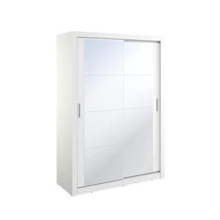 The CHOICEWARDROBE Ames 2 Door Mirrored Sliding Wardrobe (150cm, Matt White Finish) features elegant full-length mirrors, spacious shelving, and hanging storage—adding both style and functionality to any modern room.