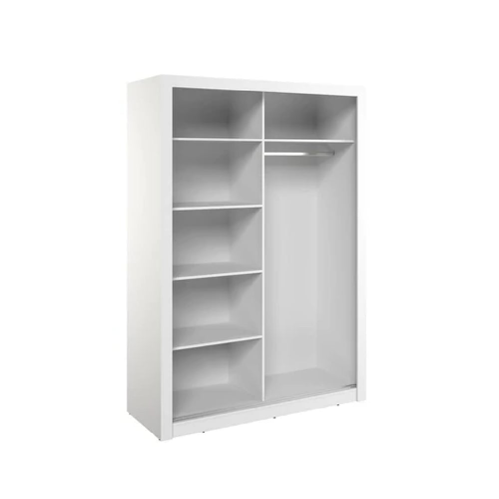 CHOICEWARDROBE Ames 2-door matt white sliding wardrobe with mirrored doors and visible shelving.