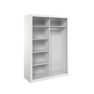 The CHOICEWARDROBE Ames 2 Door Mirrored Sliding Wardrobe in 150cm matt white offers a full-length mirror, spacious shelves on the left, and hanging storage on the right—perfect for adding modern style and function to any bedroom.