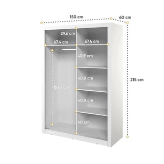 The CHOICEWARDROBE Ames 2 Door Mirrored Sliding Wardrobe (150cm, Matt White) has a left section with a 159.1cm-high hanging rod and a right section with four shelves (each 40.8cm). Total size: 150x215x60cm; each section: 67.4cm wide.