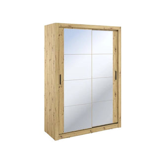 The CHOICEWARDROBE Ames 2 Door Mirrored Sliding Wardrobe in a 150cm rustic oak finish features full mirror doors, shelves, a hanging rail, and a modern space-saving design, shown against a plain white background.