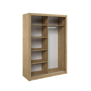 The CHOICEWARDROBE Ames Mirrored Sliding Door Wardrobe (150cm) features an oak shetland finish, with five left shelves and a right-side hanging area with a metal rod, all in a natural wood design for space-saving bedroom storage.