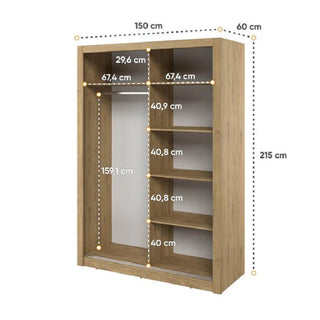 The CHOICEWARDROBE Ames Mirrored Sliding Door Wardrobe in Oak Shetland offers space-saving bedroom storage with 2 doors, multiple shelves, a hanging section, and clear labels—measuring 150cm wide, 215cm tall, and 60cm deep.