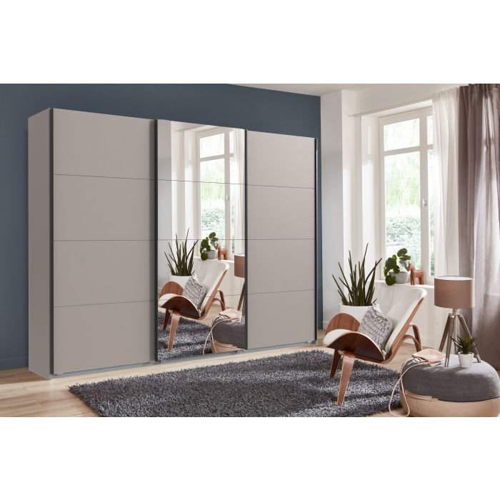 CHOICEWARDROBE Anvast 3-door sliding wardrobe, 270cm wide, matt grey finish with mirrored centre doors.