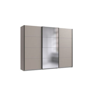 The CHOICEWARDROBE Anvast 3 Door Sliding Mirrored Wardrobe in 270cm matt grey features premium storage with shelves, rails, and smooth glide doors. Its modern design combines ample functionality with contemporary style.