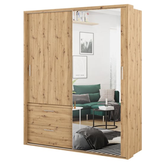 CHOICEWARDROBE Arlen 180cm sliding door wardrobe in Artisan Oak finish with a mirrored door and two drawers.