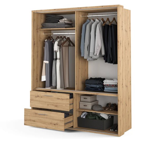 CHOICEWARDROBE Arlen 180cm sliding wardrobe, Artisan Oak finish, mirrored door, internal shelves, hanging rails, and drawers.