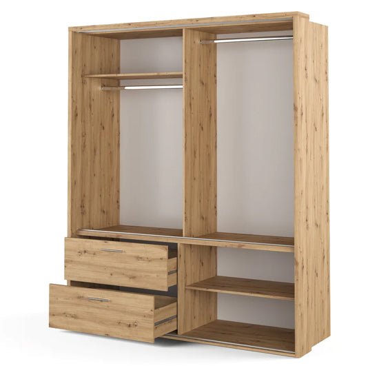 CHOICEWARDROBE Arlen 2 door sliding wardrobe in Artisan Oak with visible drawers and open interior storage.