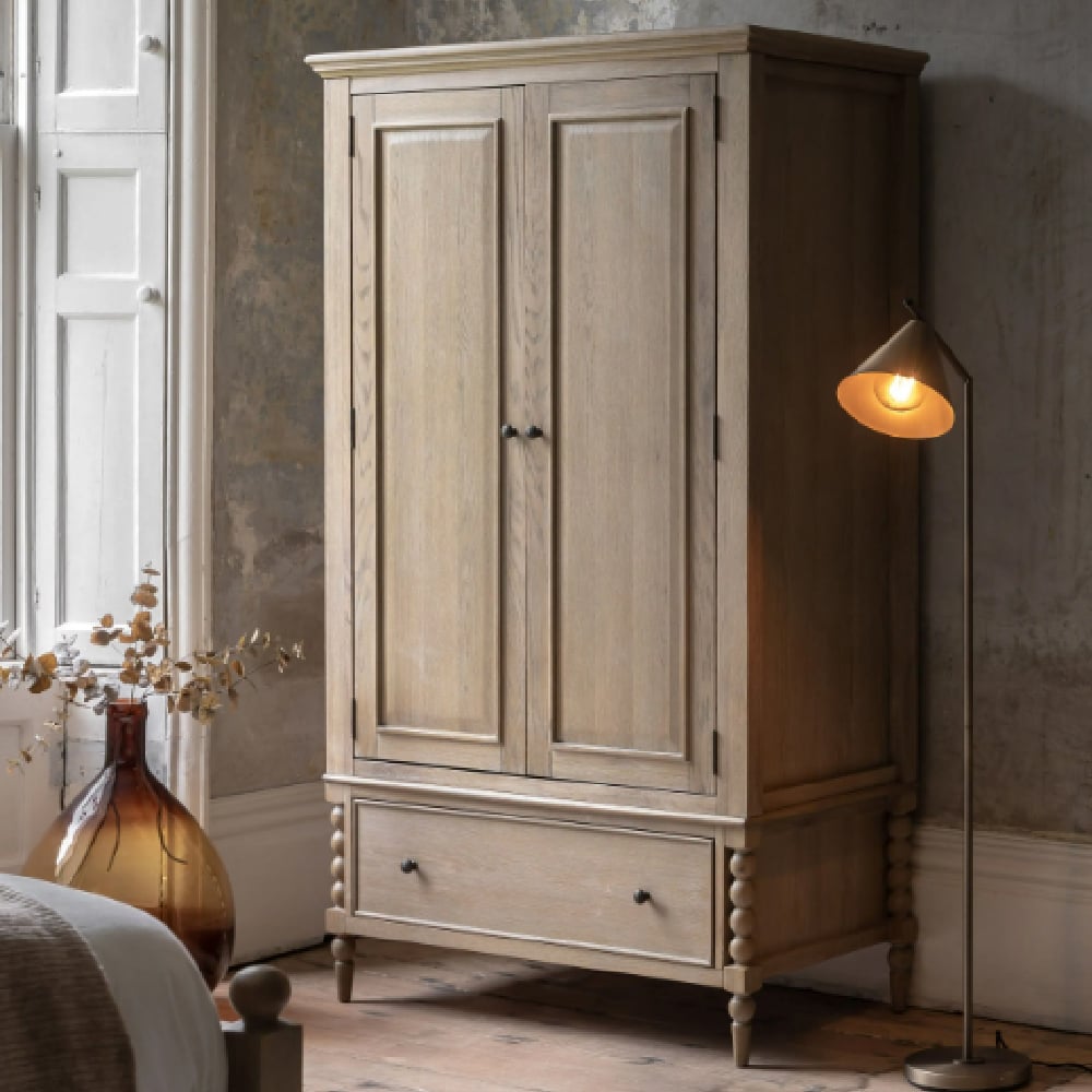 Arta 2 Door Solid Wood Wardrobe in Natural Oak with a single drawer, featuring rustic handcrafted design and turned legs.