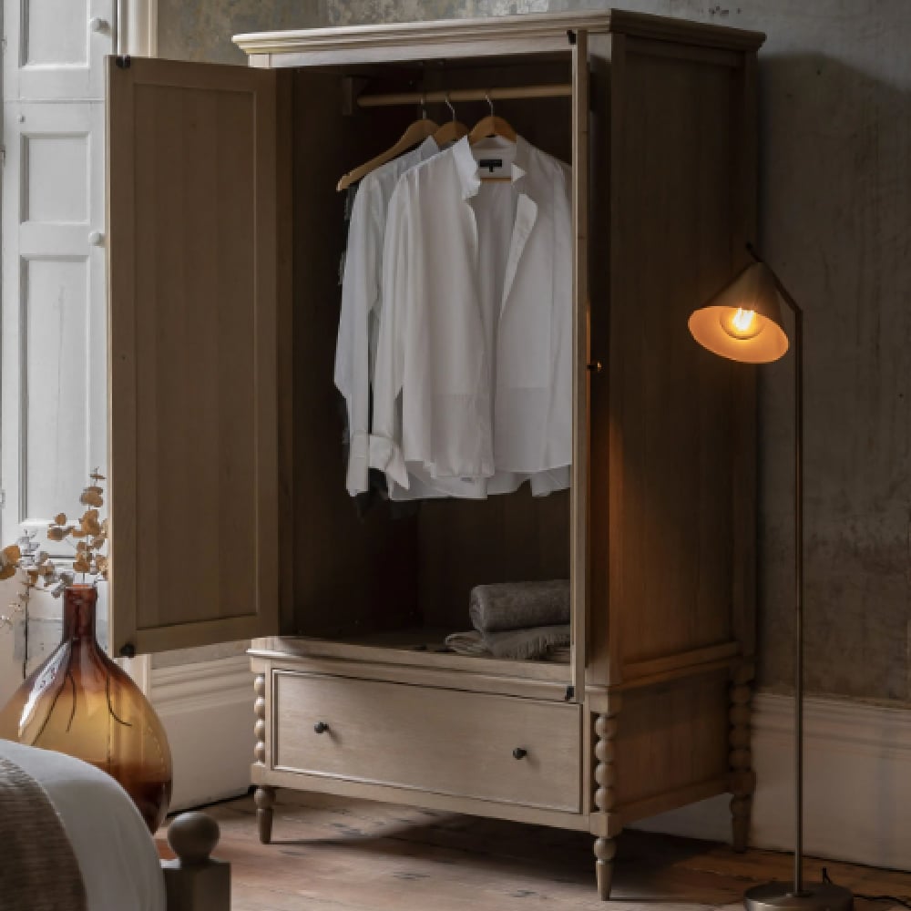 Arta 2 Door Solid Oak Wardrobe with open doors, white shirts, and drawer