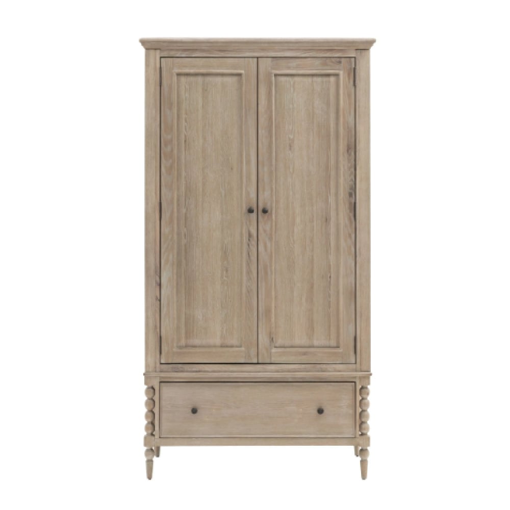 Arta 2 door solid wood wardrobe in natural oak finish with single drawer and turned legs.