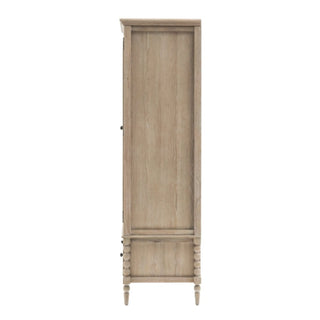 The CHOICEWARDROBE Arta 2 Door Solid Wood Wardrobe in a natural oak finish features a rustic handcrafted design with paneled sides, turned legs, and a drawer, ideal for subtle bedroom storage. No shelves or contents are visible.
