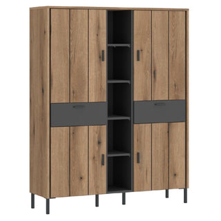 The CHOICEWARDROBE Arthur 119cm 4 Door 2 Drawer Wooden Wardrobe in Grey Oak features open shelves, drawers, and a sleek modern design—an ideal storage cabinet for stylish bedrooms.